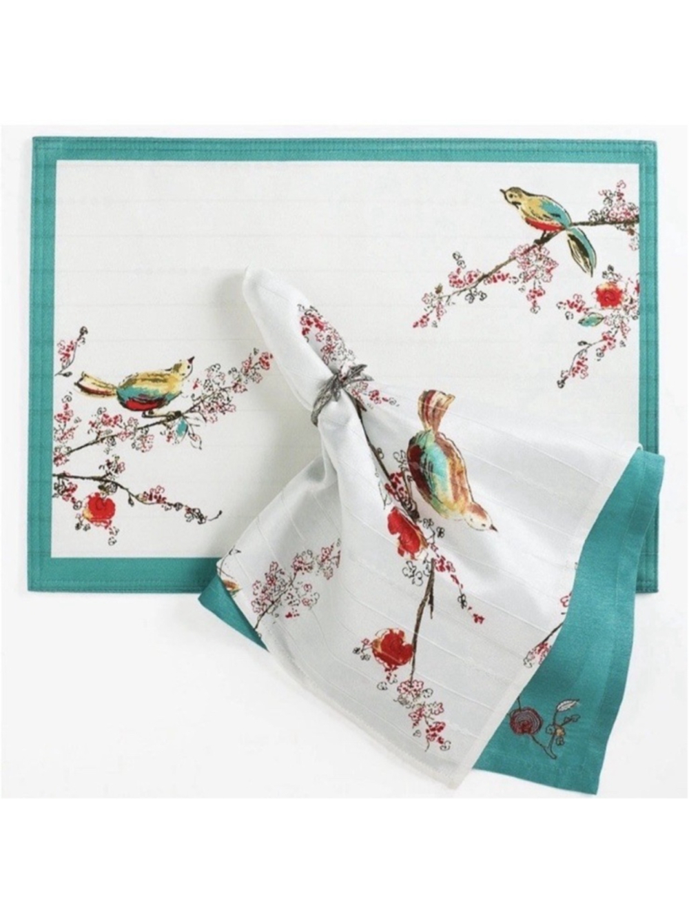 8 Lenox Chirp Placemats Microfiber White Teal Blue Floral Spring Cherry Blossoms